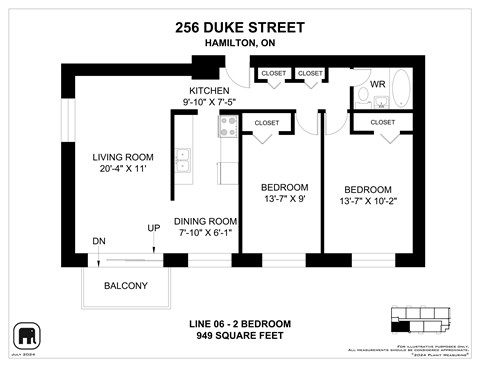 A floor plan for a 2 bedroom apartment at 256 Duke Street, Hamilton, ON.